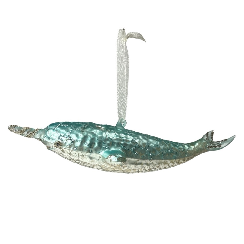 Narwhal Mercury Glass Glitter Teal Silver Christmas Ornament 7" Sea Life Aquatic